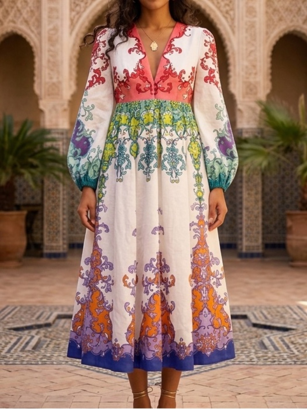 Beulah White Floral-Print Midi Dress with Multicolor Borders Small